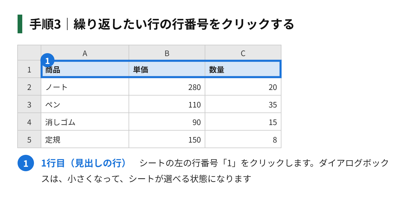 手順3:繰り返したい行の行番号(ここでは「1」)をクリックする
