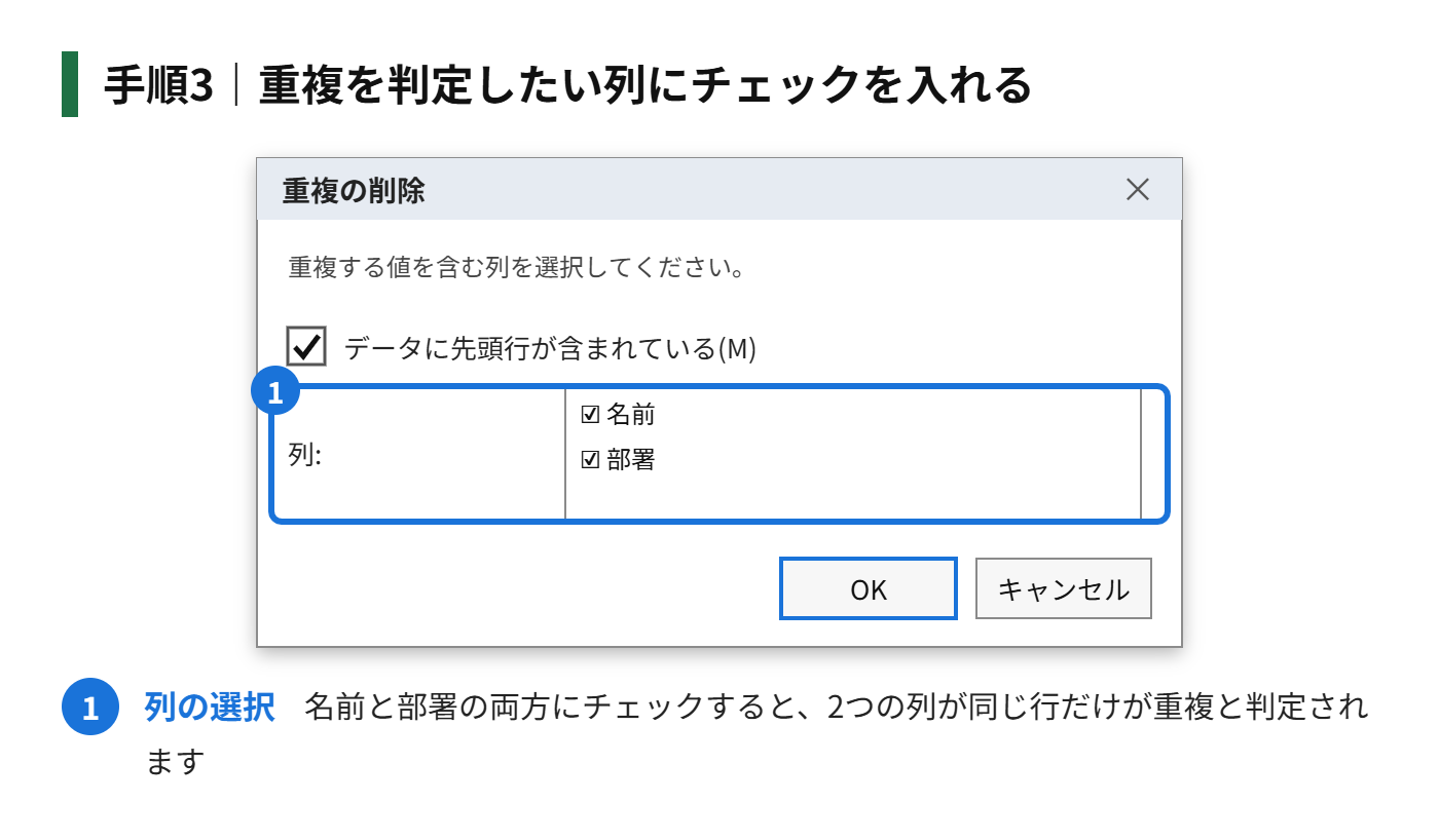 手順3:表示された画面で、重複を判定したい列にチェックを入れる