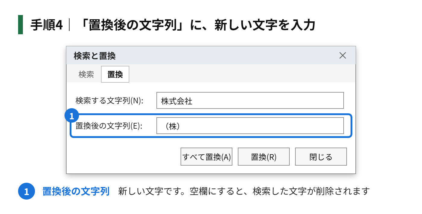 手順4：「置換後の文字列」に、新しい文字を入力する