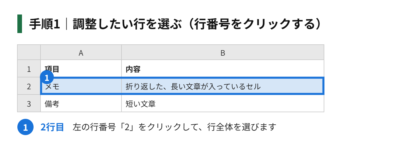 手順1：調整したい行を選ぶ（行番号をクリックする）
