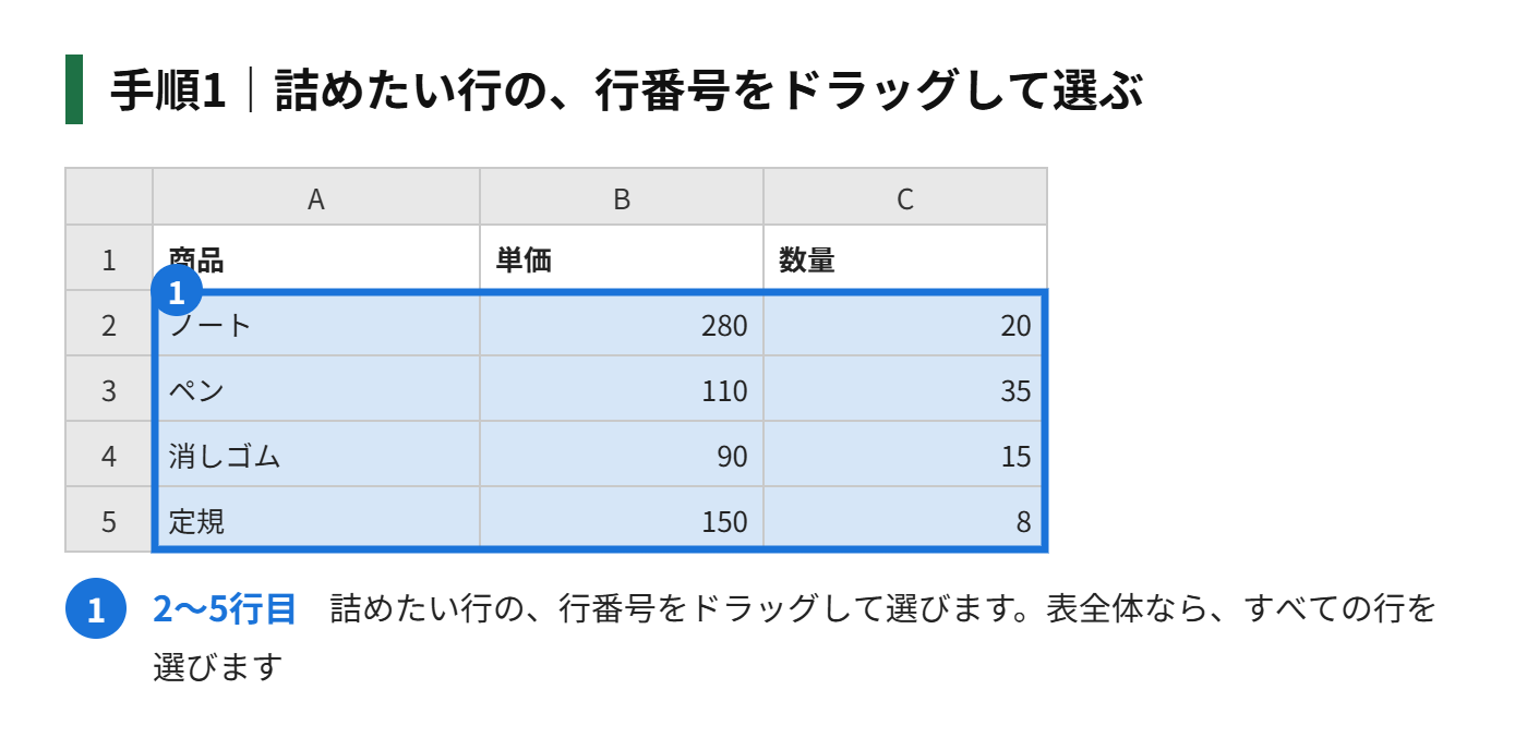 手順1:詰めたい行の、行番号をドラッグして選ぶ(表全体なら、すべての行を選ぶ)