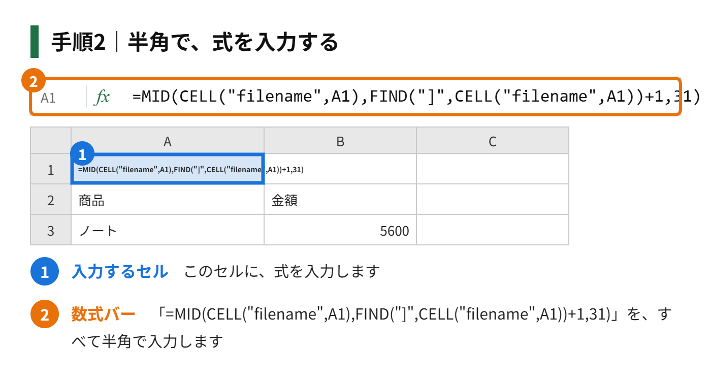 手順2：半角で「=MID(CELL("filename",A1),FIND("]",CELL("filename",A1))+1,31)」と入力する