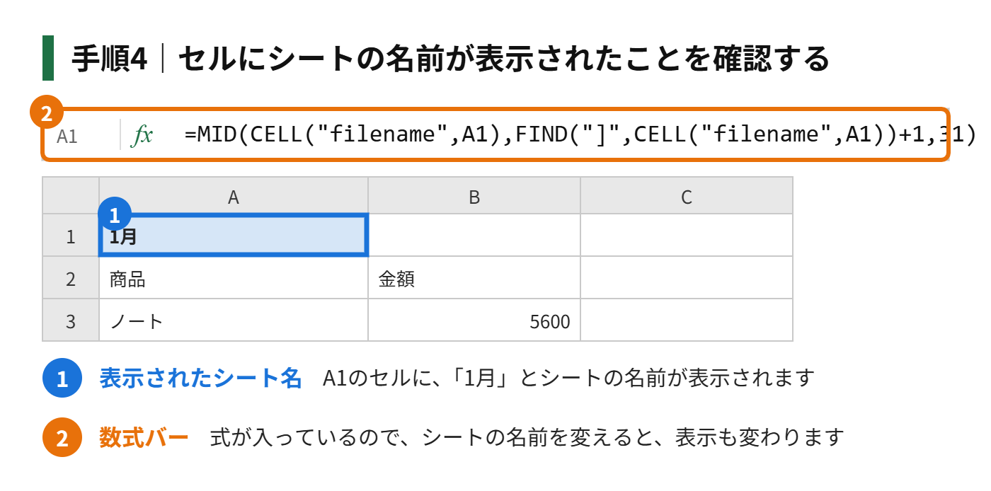 手順4：セルにシートの名前（例：1月）が表示されたことを確認する