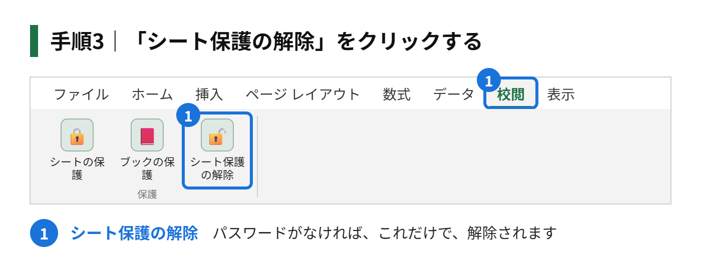 手順3：「保護」のグループにある「シート保護の解除」をクリックする