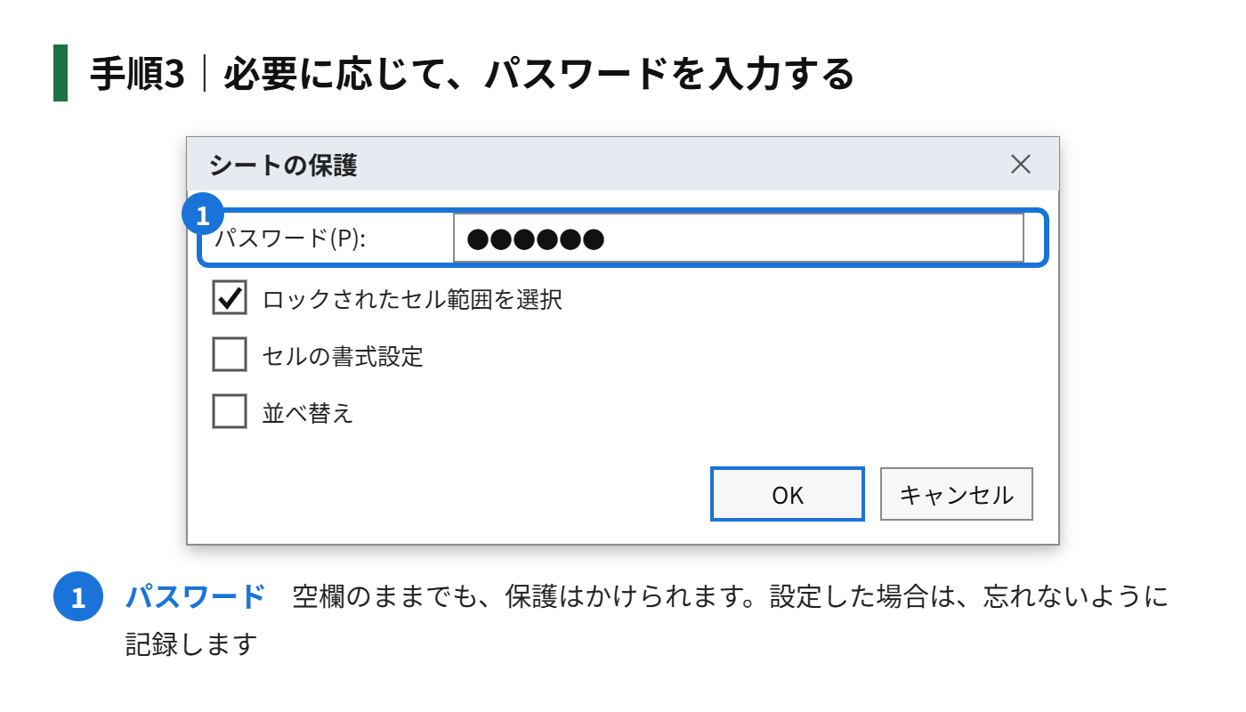 手順3：必要に応じて、パスワードを入力する（空欄でも、保護はかけられます）