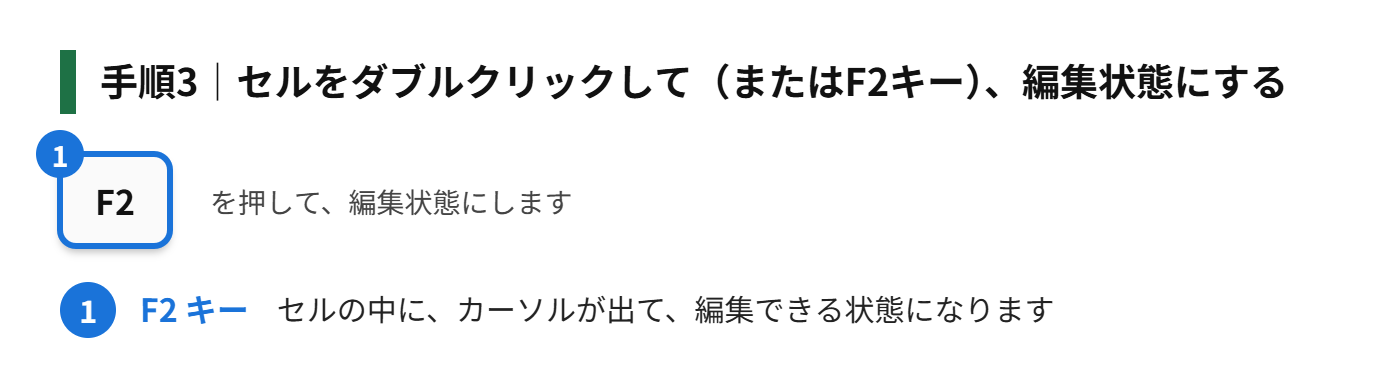 手順3：セルをダブルクリックして（またはF2キー）、編集状態にする