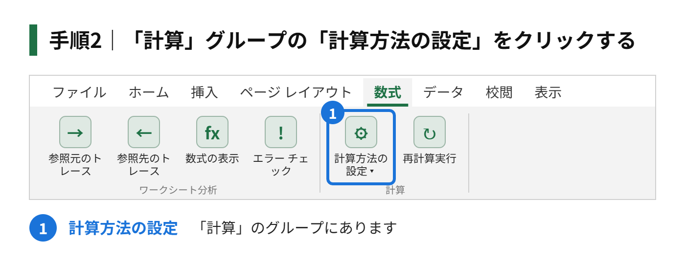 手順2：「計算方法」グループの「計算方法の設定」をクリックする