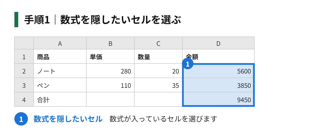 手順1：数式を隠したいセルを選ぶ