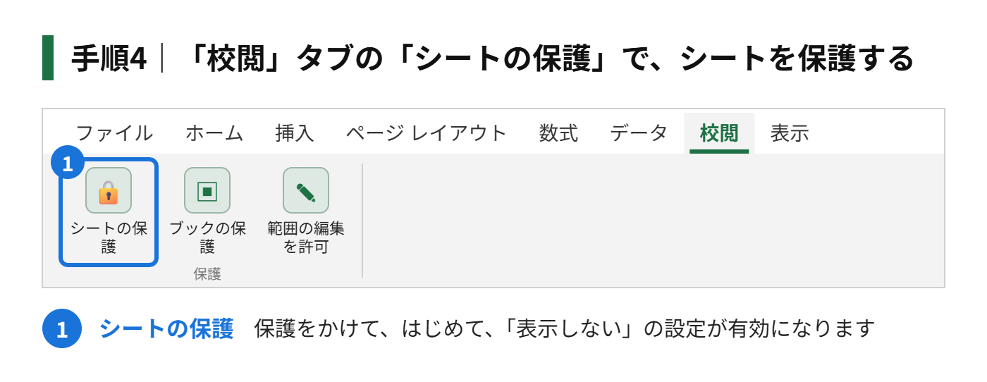 手順4：「校閲」タブの「シートの保護」で、シートを保護する