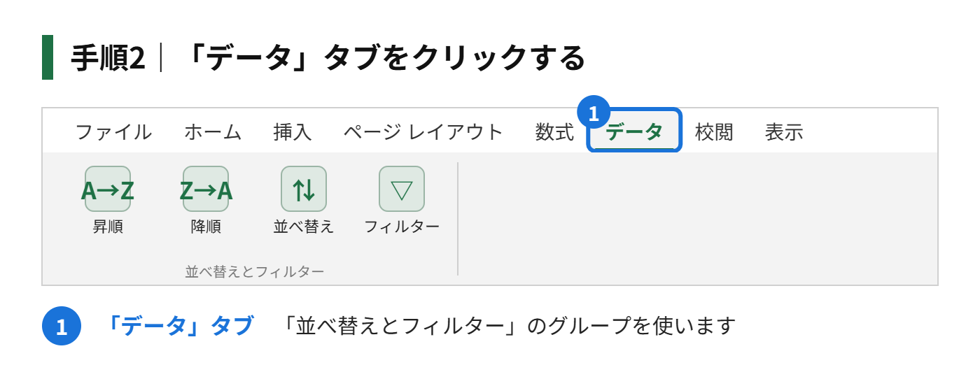 手順2：「データ」タブをクリックする
