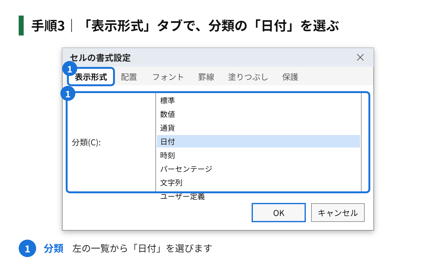 手順3：「表示形式」タブで、分類の「日付」を選ぶ